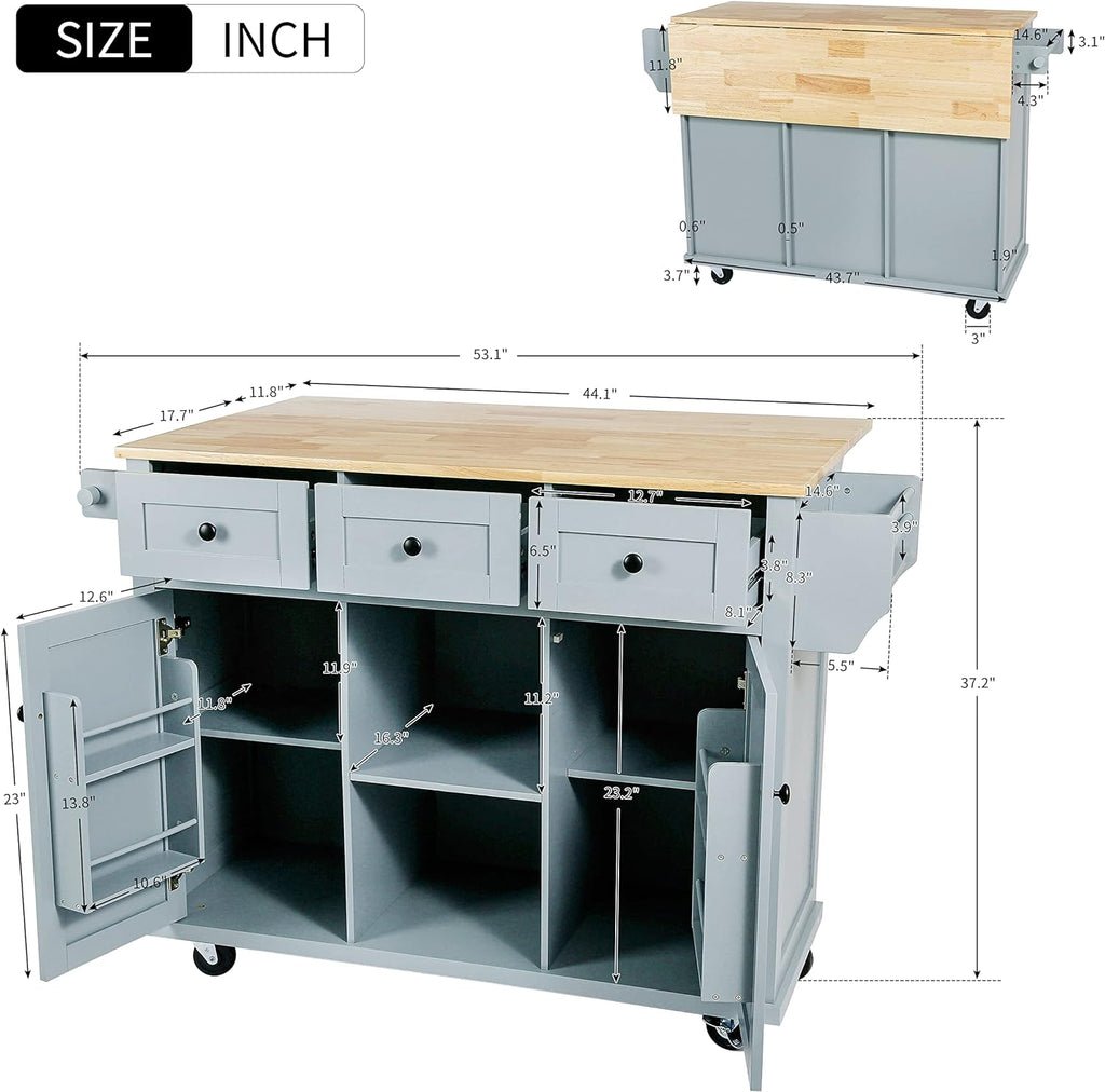 Kitchen Cart with Rubber Wood Drop-Leaf Countertop, 5 Wheels, Blue L307