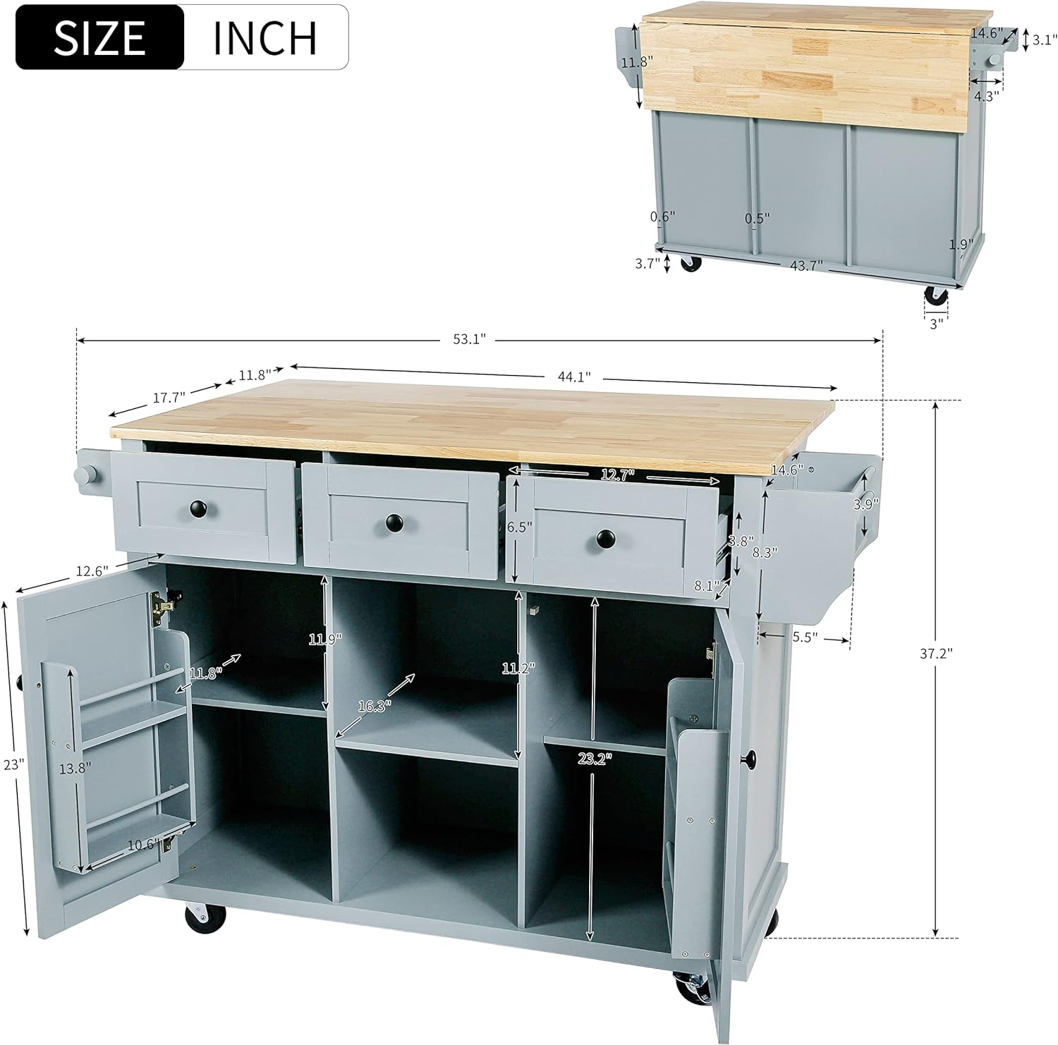 Kitchen Cart with Rubber Wood Drop-Leaf Countertop, 5 Wheels, Blue L307
