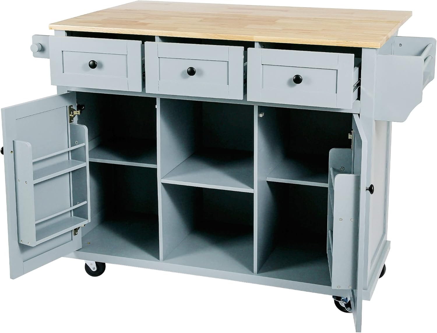 Kitchen Cart with Rubber Wood Drop-Leaf Countertop, 5 Wheels, Blue L307