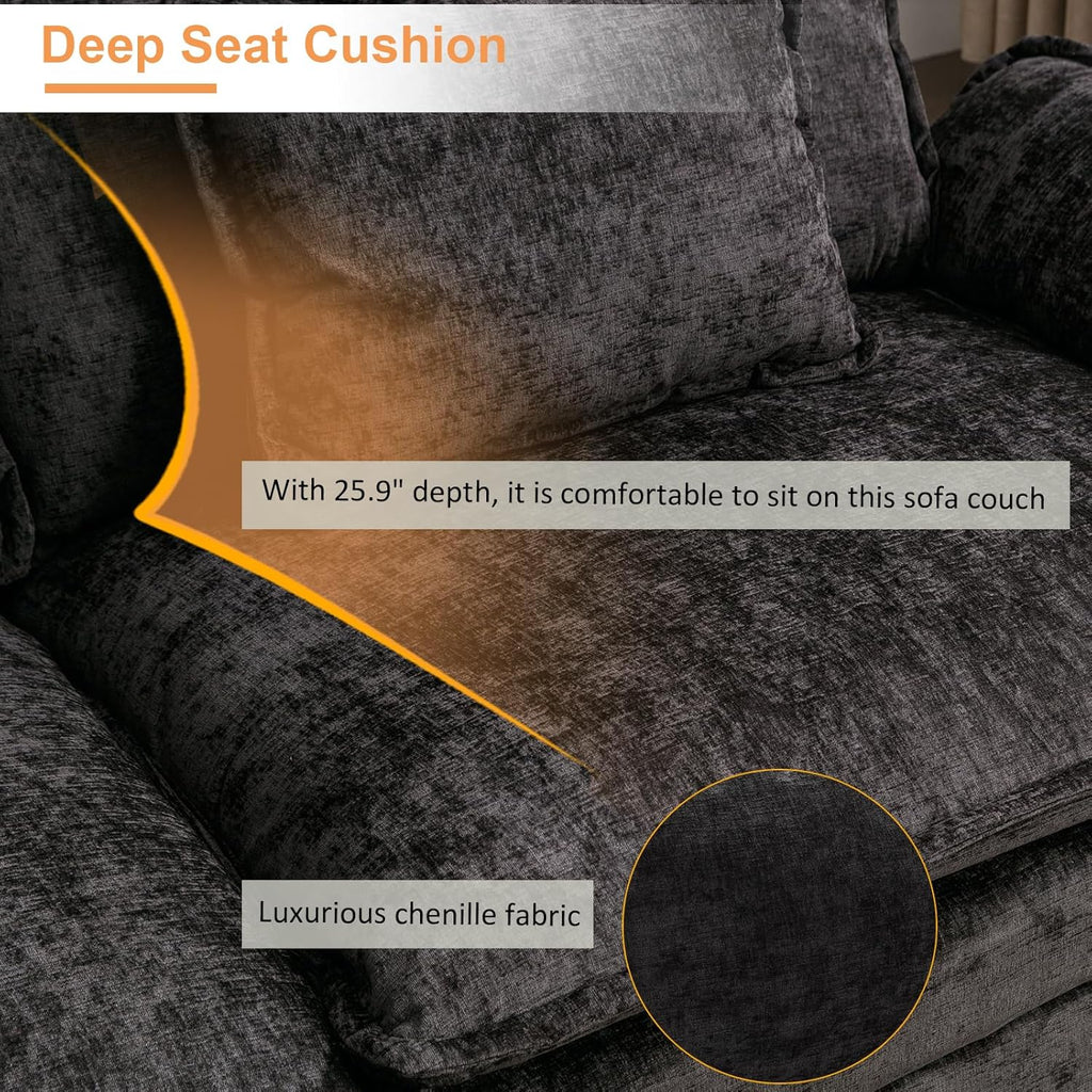 IPKIG 117" Sectional Sofa, Chenille L-Shaped Couch with Ottoman, Black L64376