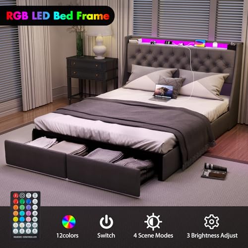 Full Size Bed Frame with 4 Storage Drawers and LED Lights, Upholstered Wingback Headboard, Gray E185
