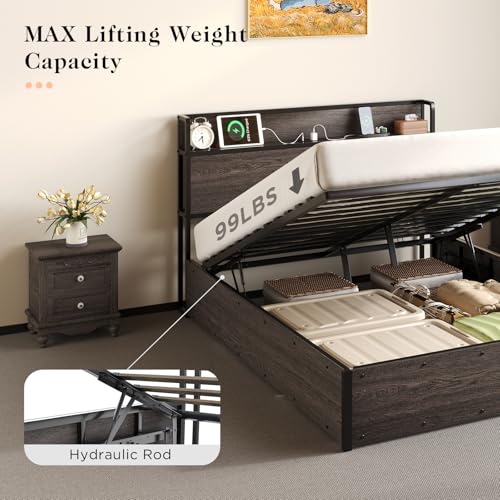 Albott Full Size Bed Frame with Lift Up Storage, Wooden Platform, Rustic Brown G6985