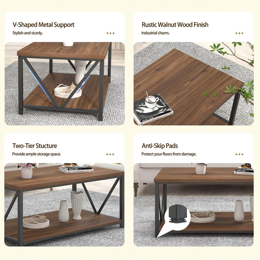 FOLUBAN Modern Coffee Table with Storage Shelf, Rustic Walnut T526484