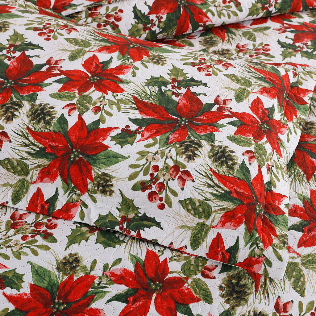 Christmas Quilt Set King Size Poinsettia Floral Bedspread Coverlet with Pillow Shams D24015
