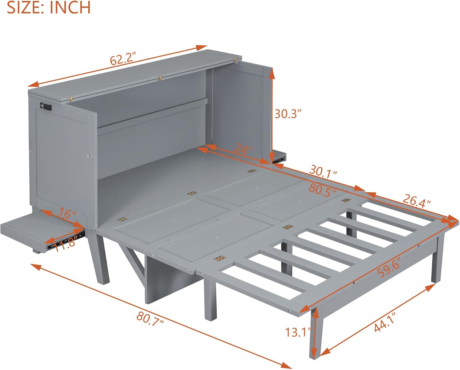 Murphy Bed Queen with Desk, Shelves and Charging Station, Grey Z595