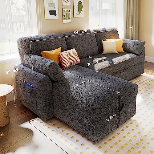 VanAcc Sleeper Sofa Bed with Storage Chaise, Beige Chenille M820415