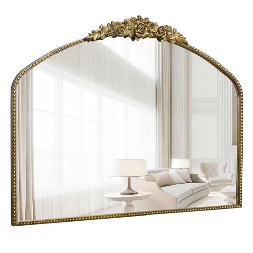 Antique Gold Arch Wall Mirror, 48"x30" Traditional Vintage Mantel Mirror with Ornate Metal Frame, Baroque Victorian Mirror for Fireplace/Entryway/Bathroom/Living Room/Dining room