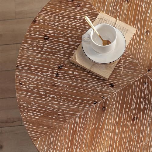 Antique Round Solid Wood Coffee Table with Metal Base, Natural & Gold K671