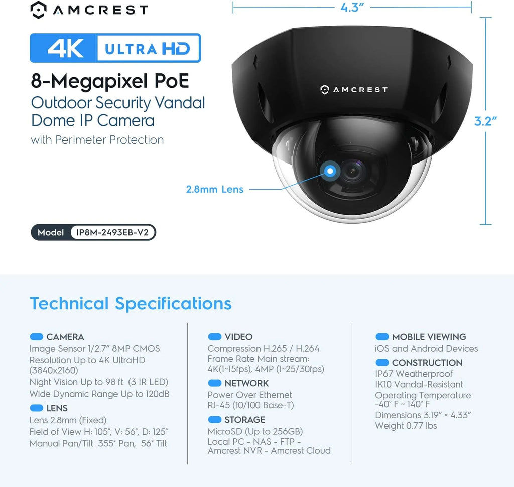 Amcrest UltraHD 4K Outdoor Security POE IP Dome Camera, 98ft Night Vision, Black N855
