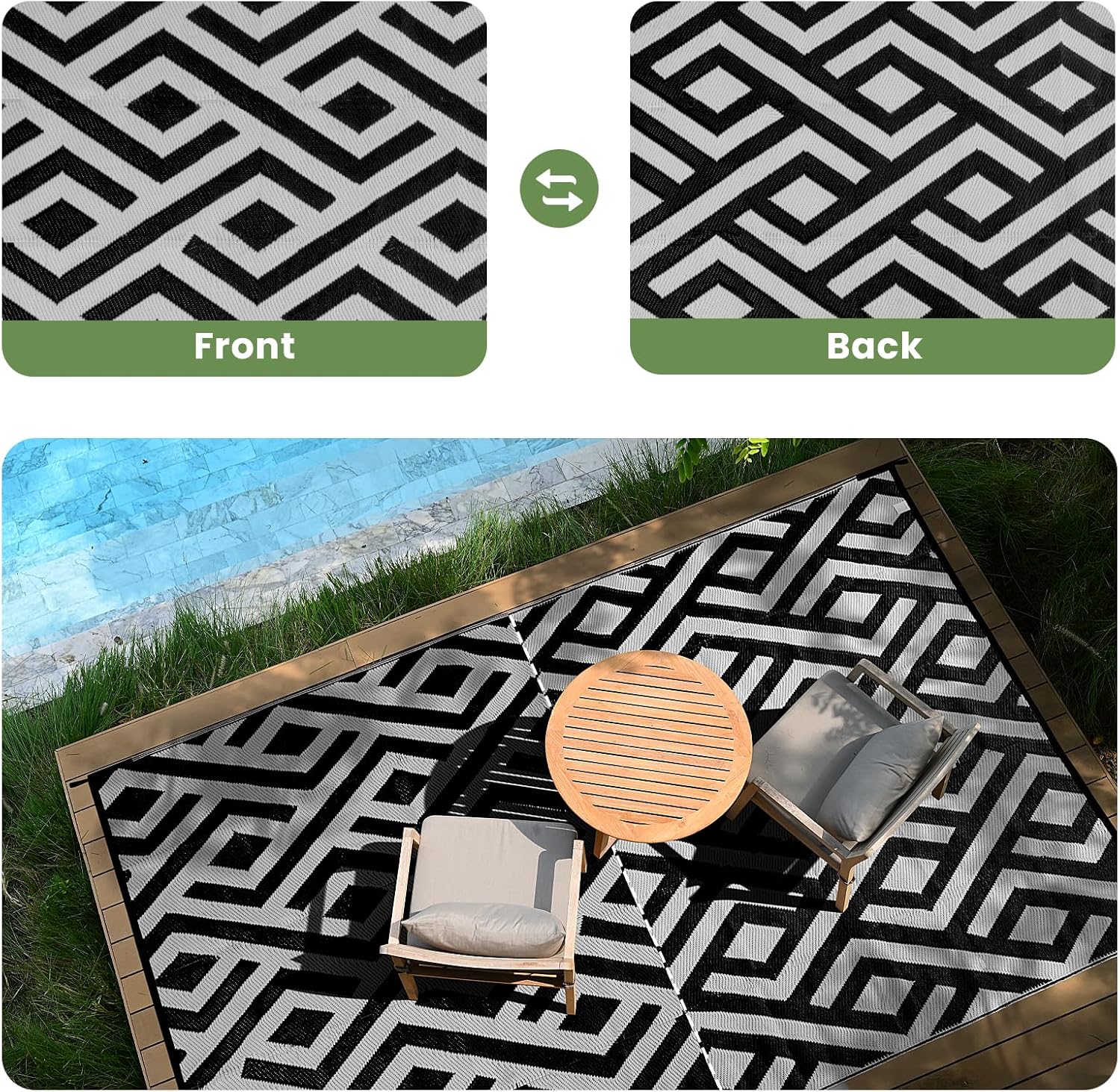 8x10 Outdoor Patio Rug with Carry Bag, Waterproof Reversible Picnic Mat - Black & Light Grey V3121