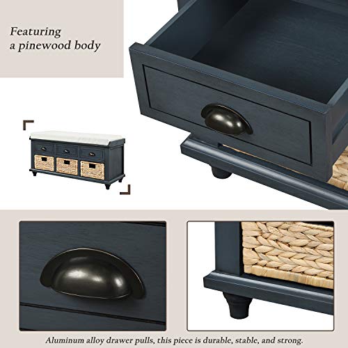 Navy Wood Shoe Storage Bench with Cushion and 2 Drawers E532