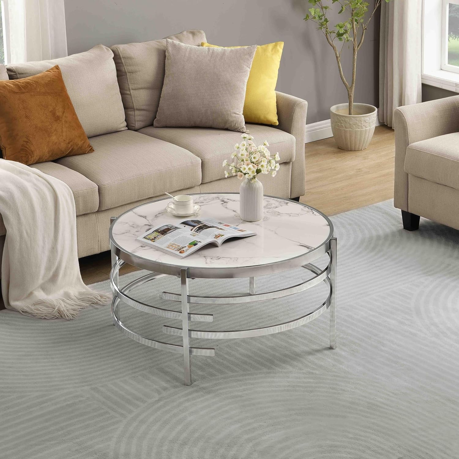 Goujxcy Modern Round Coffee Table with Faux Marble & Silver Metal Frame R713512