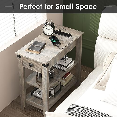 Fameill End Tables Set of 2, Narrow Side Table with Charging Station, Rustic Grey S81225