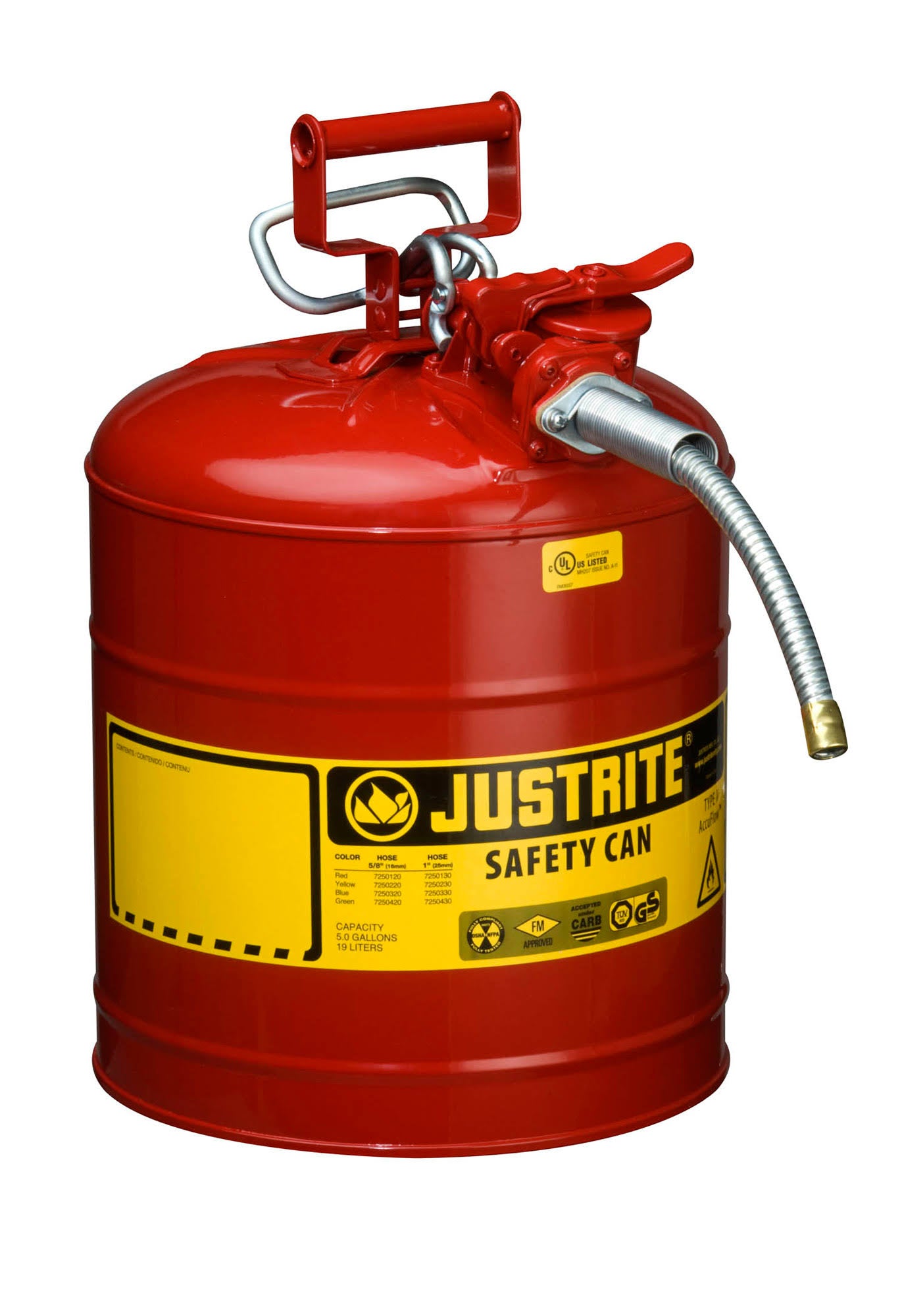 Justrite 5 Gallon Red Safety Can Type II AccuFlow 5/8x22 Hose 7250120