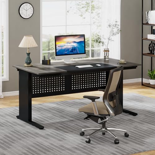 Tribesigns 63 Inch Executive Desk with File Cabinet, L Shaped Computer Desk, Gray and Black I266197