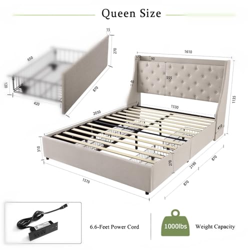 Full Size Bed Frame with Charging Station and Storage Drawers Y178