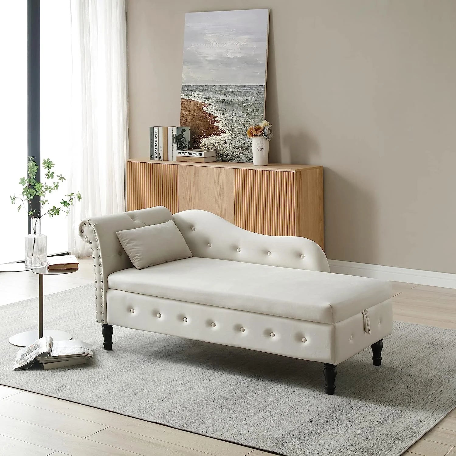 Velvet Chaise Lounge Chair with Storage and Pillow, Beige R1401