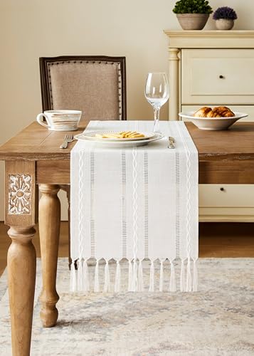 Hemstitched Farmhouse Table Runner, Charcoal 13x72 Inch, Cotton Linen H4673