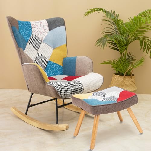 Patchwork Rocking Chair Accent Armchair Single Sofa Chair with Footstool and Pillow Fabric Upholstered High Back Armchairs Lounge Chair for Living Room Reading Bedroom 35''Lx 26''Wx37.8''H Colorful