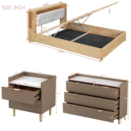 Merax 3-Piece Queen Bedroom Set with Upholstered Bed, Nightstand & Dresser N854