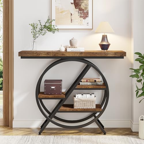Tribesigns Console Table, 39.4-Inch Entryway Table with Thickened Tabletop, 4-Tier Industrial Narrow Hallway Sofa Table, Rustic Brown T367