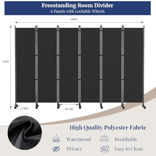 Kokorona 6 Panel Room Divider, 6FT Tall Rolling Privacy Screen with Lockable Wheels, Black J584