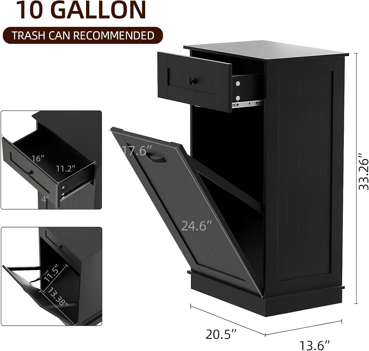 Tilt Out Trash Bin Cabinet 10 Gallons Wooden Black M8159