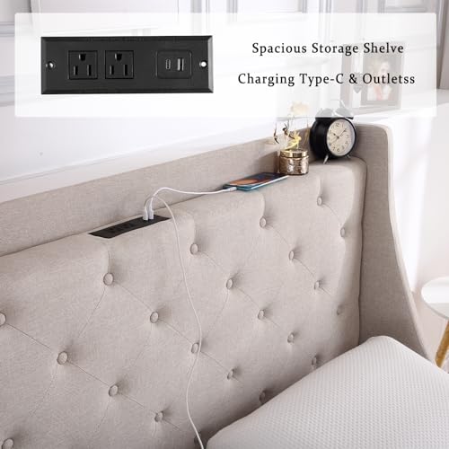 Full Size Bed Frame with Charging Station and Storage Drawers Y178