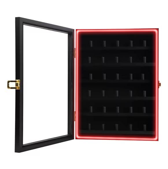 Championship Ring Display Case RGB LED - 30 Ring Glass Shadow Box with Lock - Black L167598
