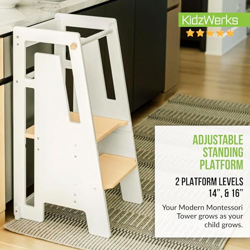 Modern Toddler Tower Montessori Kitchen Step Stool, Adjustable Standing Platform, White Q65556