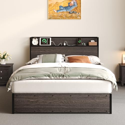 Albott Full Size Bed Frame with Lift Up Storage, Wooden Platform, Rustic Brown G6985