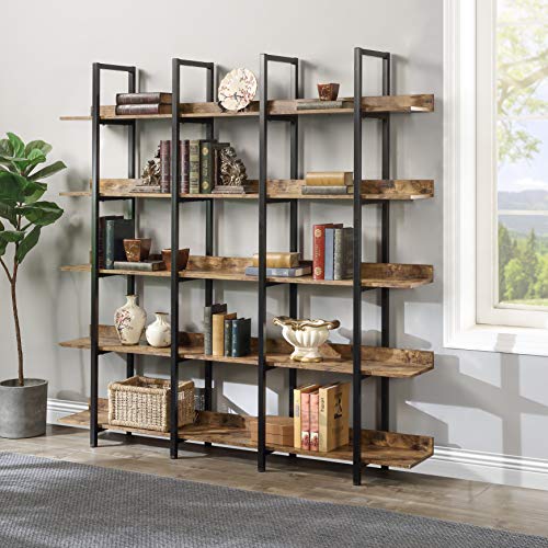 5-Shelf Bookcase, Large Open Bookshelf Modern Industrial Style, Open Display Shelves with Metal Frame for Living Room, Black