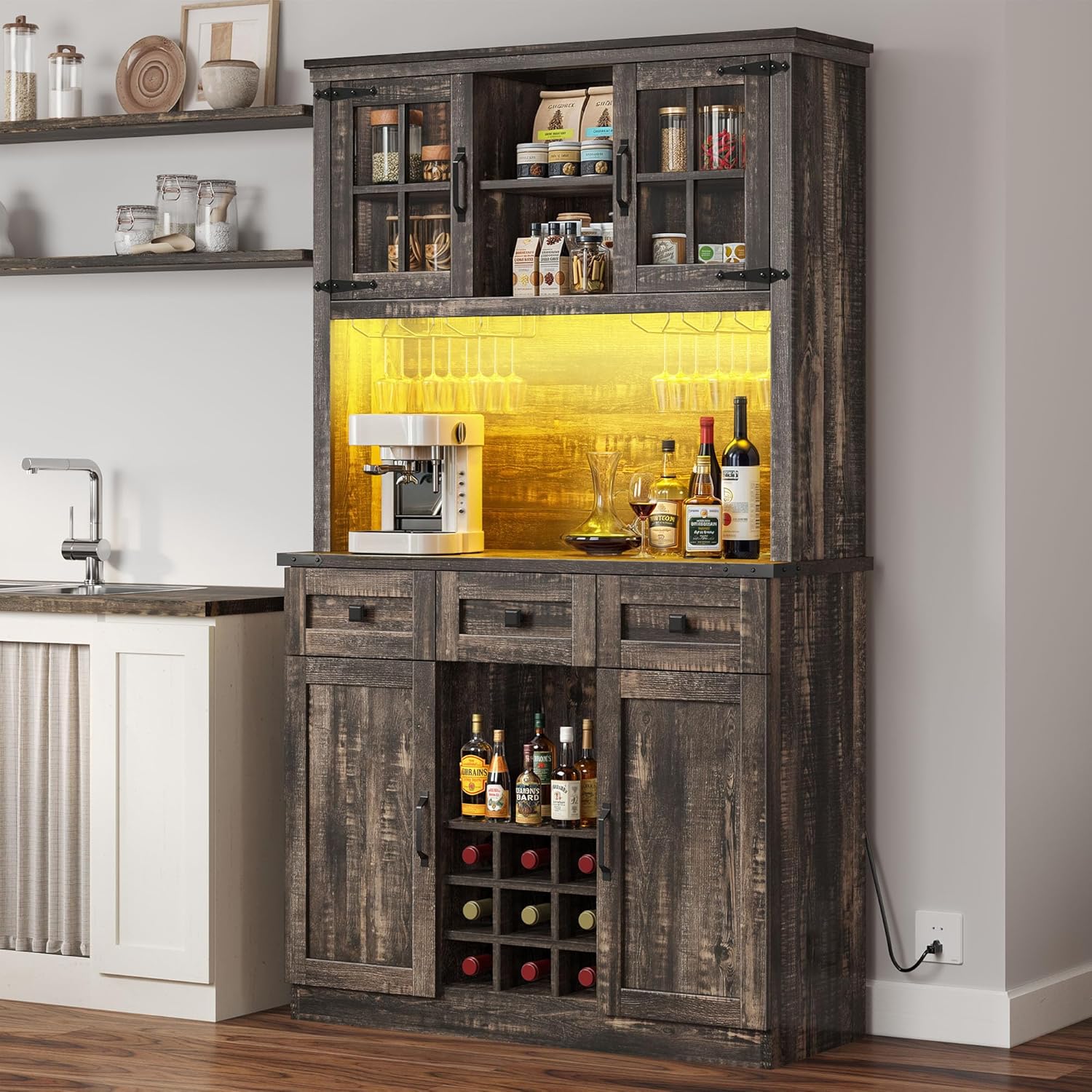 DWVO 72" Kitchen Pantry Cabinet with Lights and Power Outlet, Dark Rustic Oak M9731