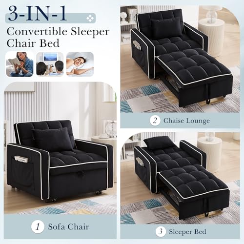 Velvet Tufted 3-in-1 Convertible Sleeper Chair Bed with Adjustable Backrest, Beige L3033