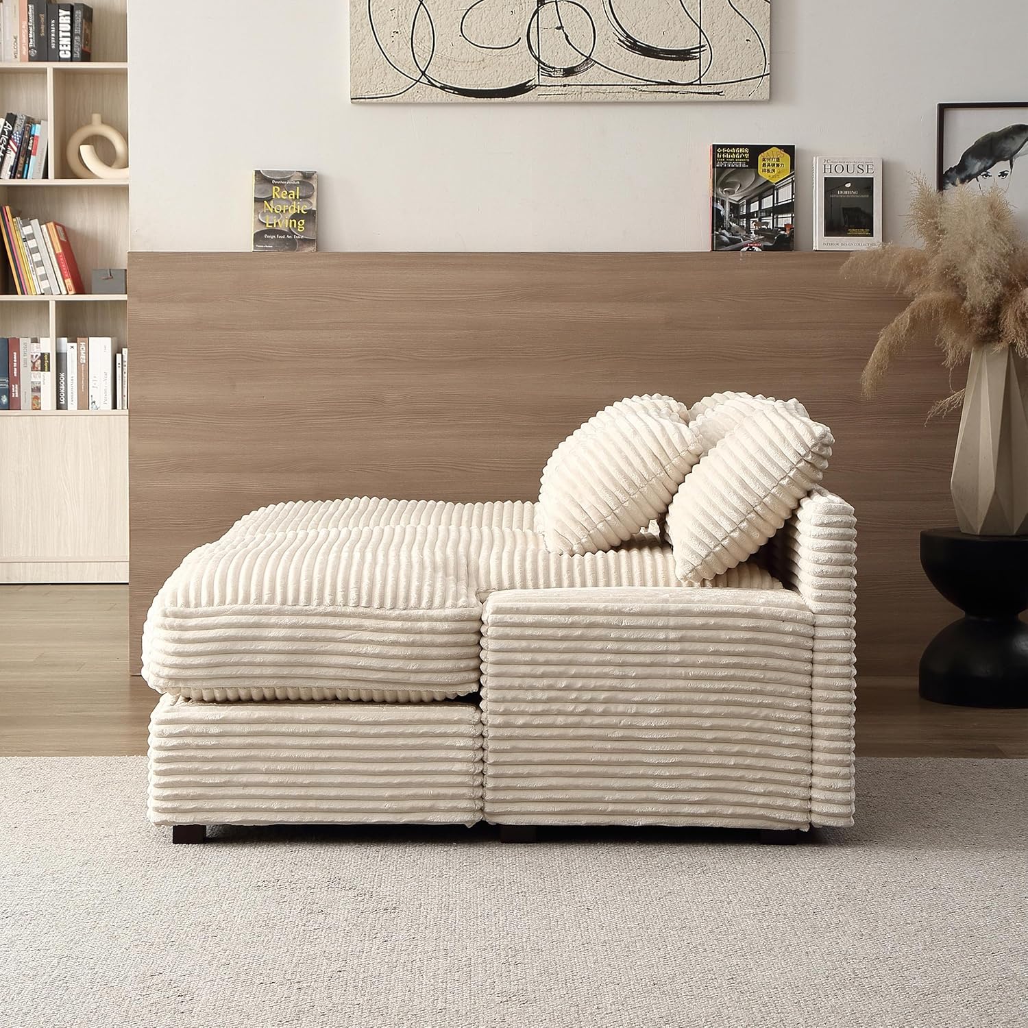 Oversized Corduroy Chaise Lounge Loveseat Couch Bed with Solid Wood Legs L89414