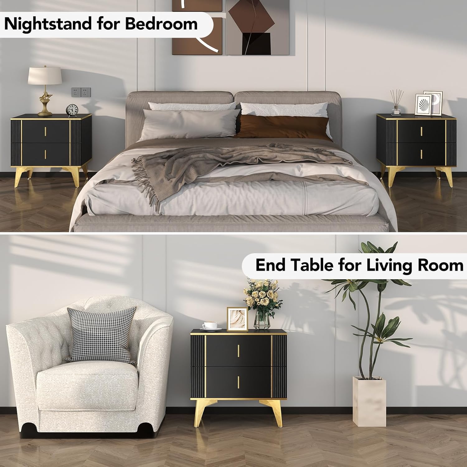 Wakefit Nightstands Set of 2, Light Luxury Bedside Table with 2 Wood Drawers, Black S5458