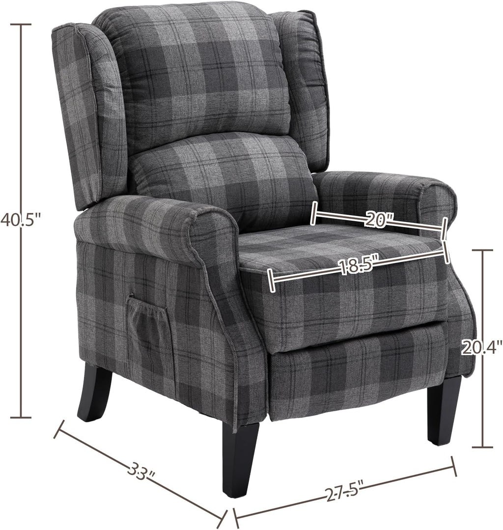 Modern Upholstered Recliner Chair with Footrest, Grey Check I198