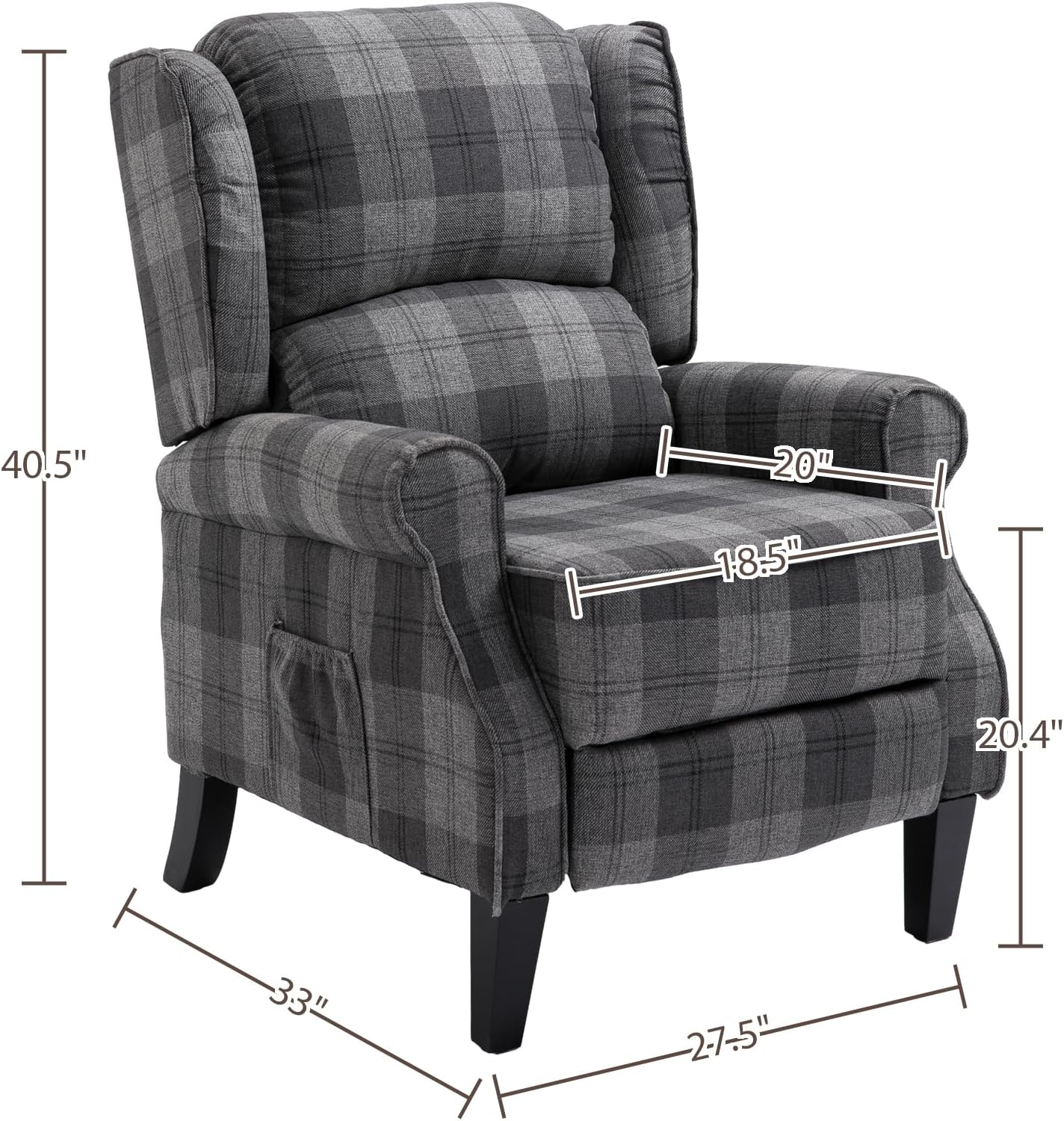 Modern Upholstered Recliner Chair with Footrest, Grey Check I198