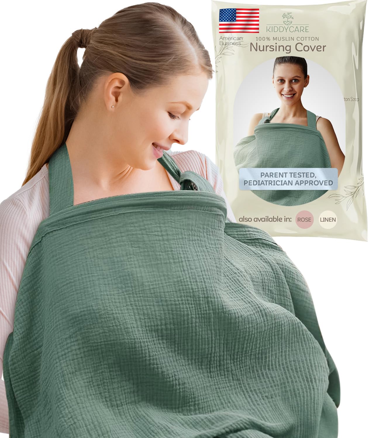 Kiddycare Nursing Cover, Muslin Cotton Privacy Nursing Covers, Gentle on Baby's Skin, Discreet Breastfeeding Covers for Nursing Moms, Breathable Nursing Cover Up for Breastfeeding Essentials (Basil)