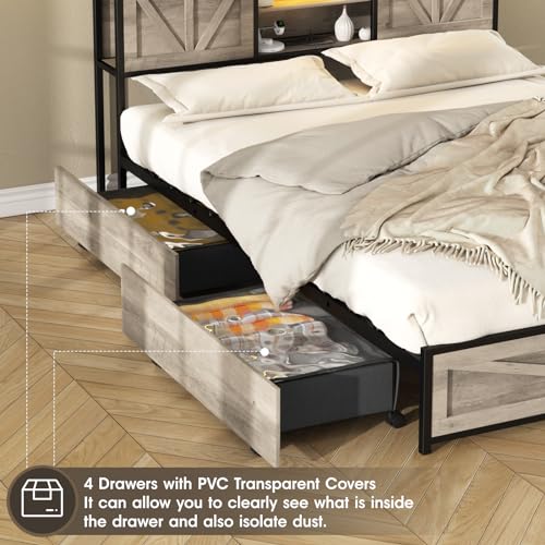 Queen Size Bed Frame with Charging Station and 4 Drawers, Wash Grey F262655