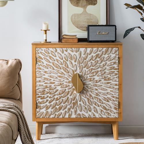 Farmhouse Sideboard with Leaf Design Doors, Decorative Storage Cabinet Freestanding Buffet Sideboard Credenza with Wood Legs for Living Room, Kitchen, Dining, Office and Entryway
