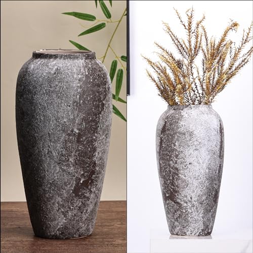 13.8in Tall Stone Vase for Rustic Home Decor Farmhouse Pottery C438