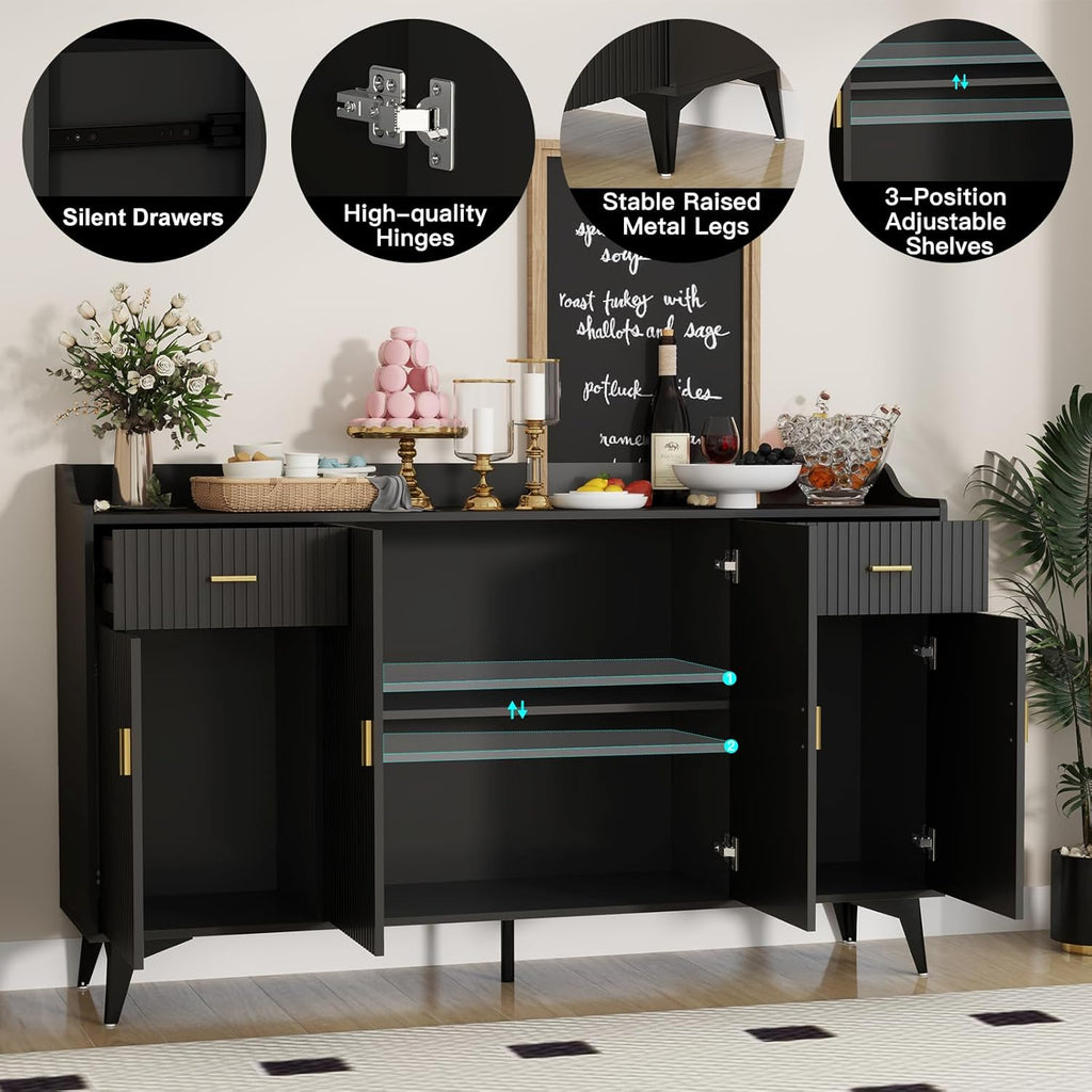 Wakefit Sideboard Buffet Cabinet with Storage, Fluted Doors & Drawer, Black Q8624
