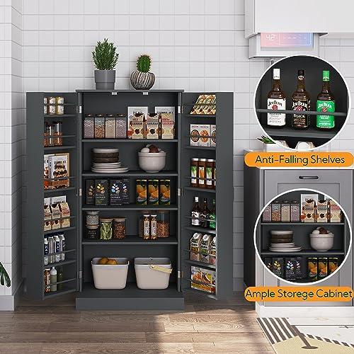 Yusong 72'' Tall Kitchen Pantry Cabinet, Farmhouse Storage Cabinet with 4 Doors and Adjustable Shelf, White Q225142