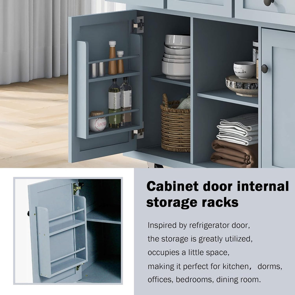 Kitchen Cart with Rubber Wood Drop-Leaf Countertop, 5 Wheels, Blue L307