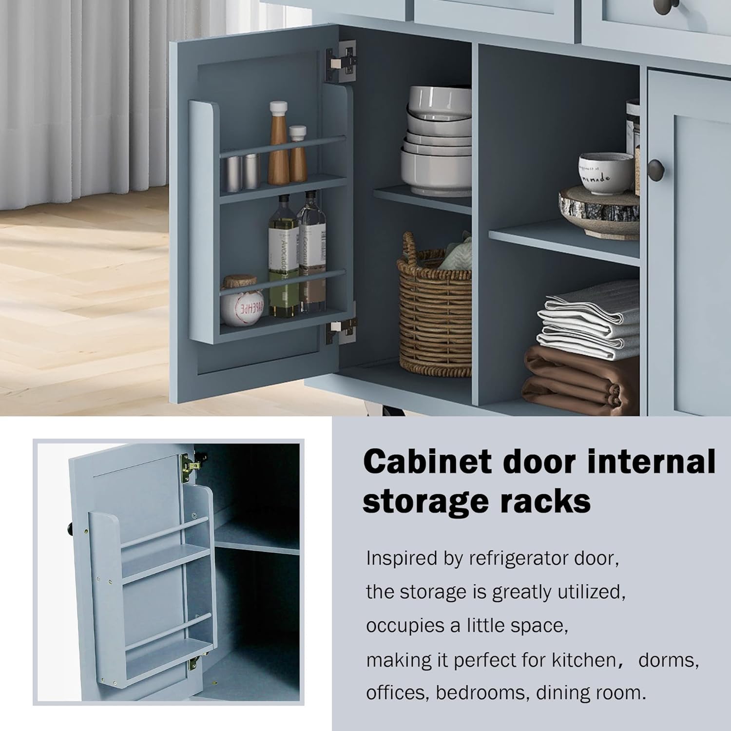 Kitchen Cart with Rubber Wood Drop-Leaf Countertop, 5 Wheels, Blue L307