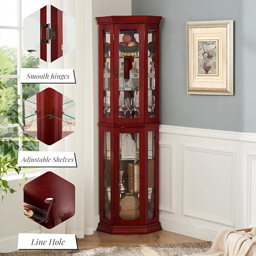Corner Curio Cabinet Lighted Display with Glass Doors, Cherry T367989