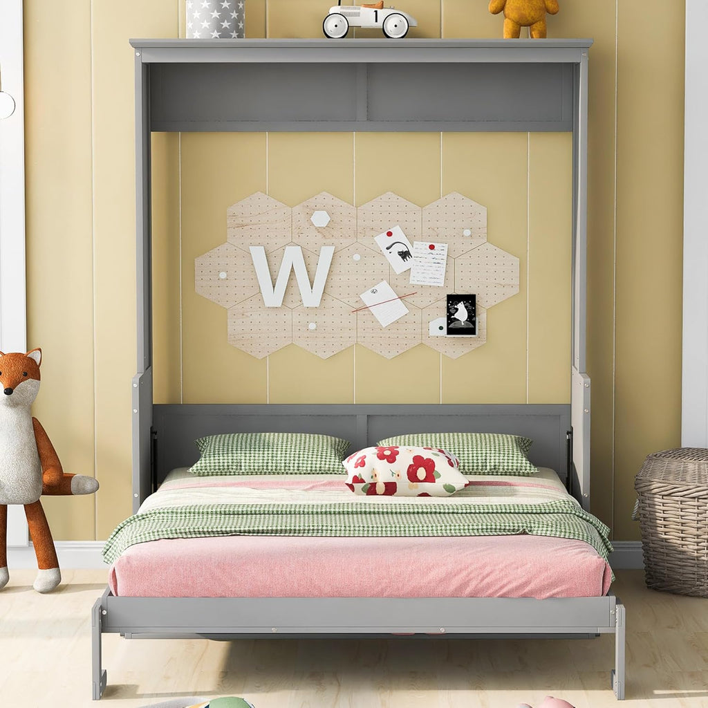 Queen Murphy Bed with Shelf, Space-Saving Wall Bed, Gray O8757