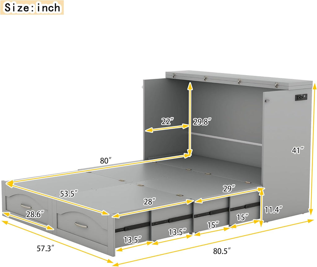 Full Size Murphy Cabinet Bed with Charging Station, Gray R7327
