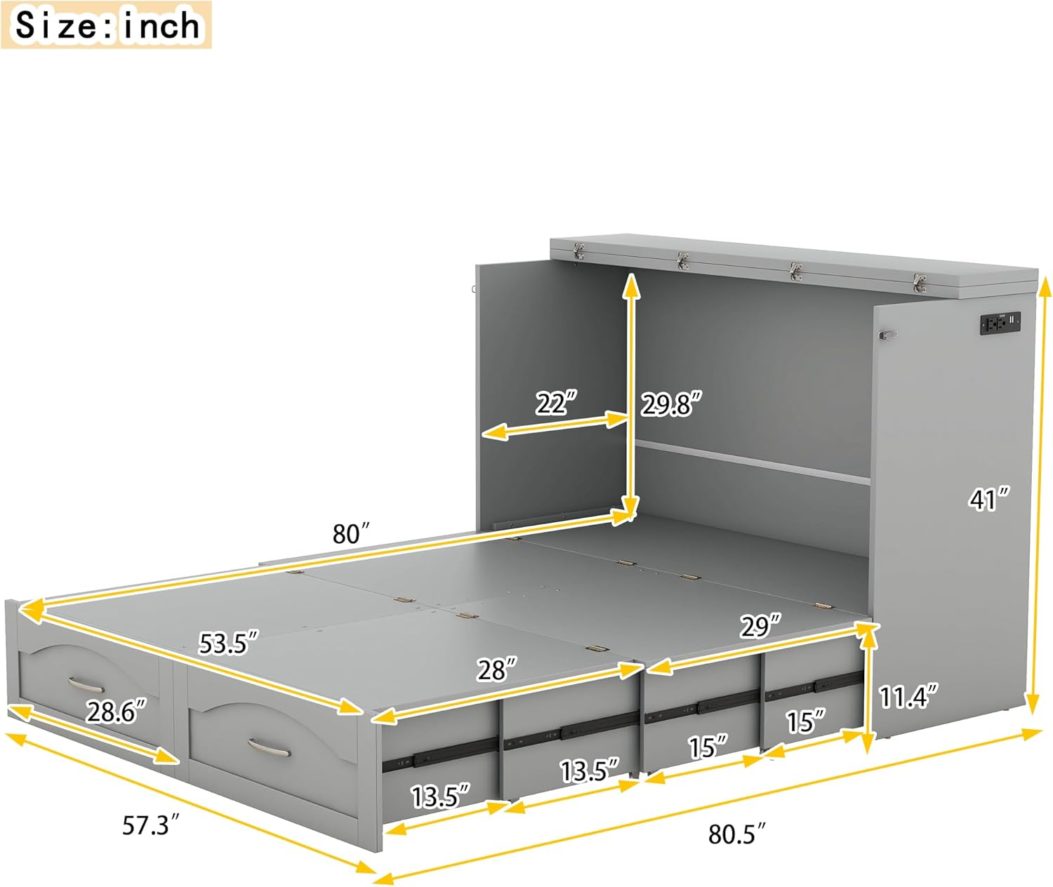 Full Size Murphy Cabinet Bed with Charging Station, Gray R7327